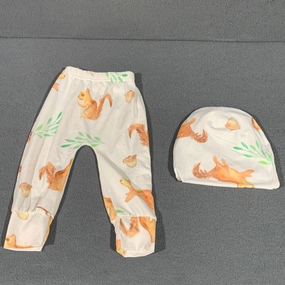 Baileys Blossoms 6-9M Squirrel Acorn Print Pants‎ and Beanie Set White Orange
